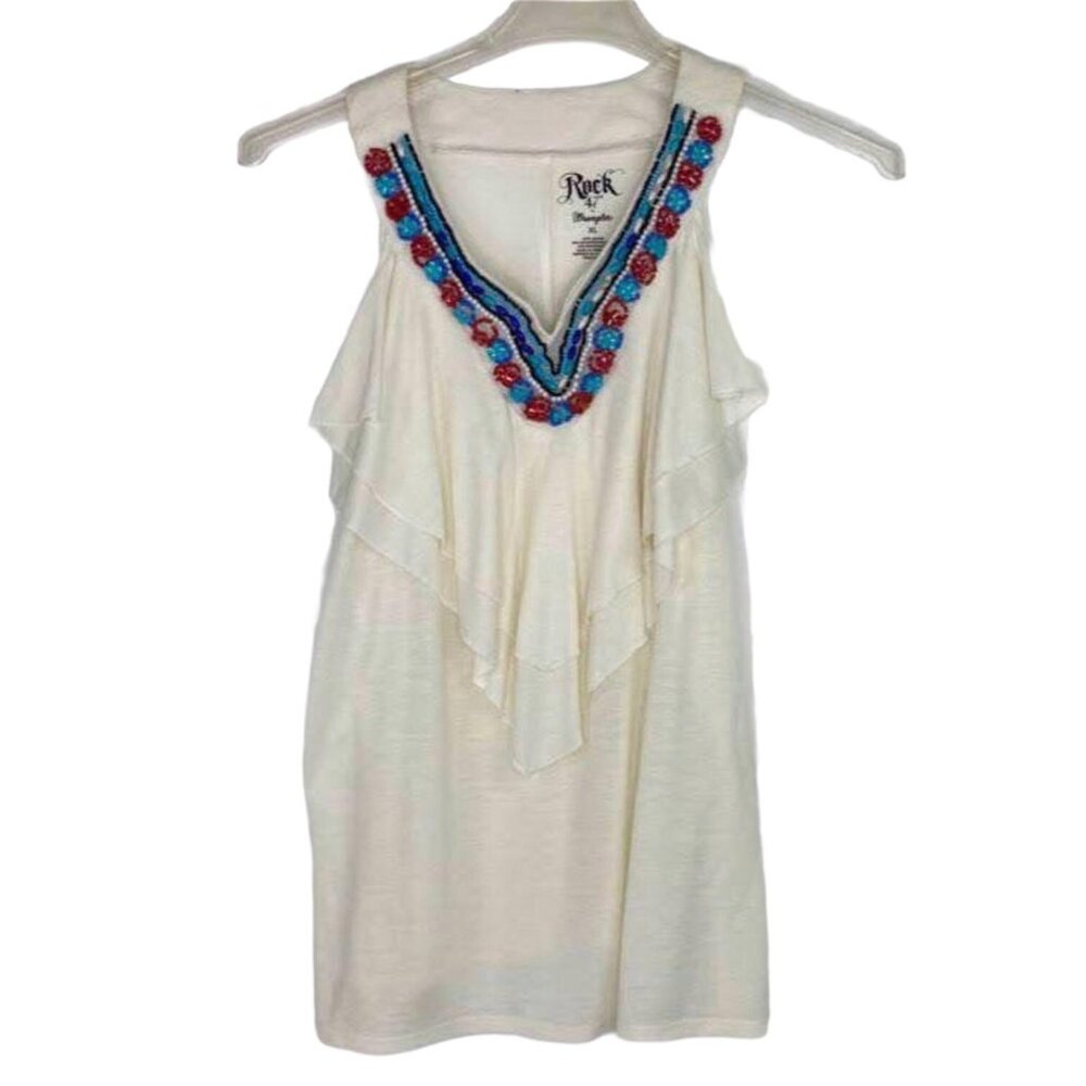 Wrangler Rock 47 Womens XL White Tunic Tank Top Beaded VNeck Sleeveless Tiered